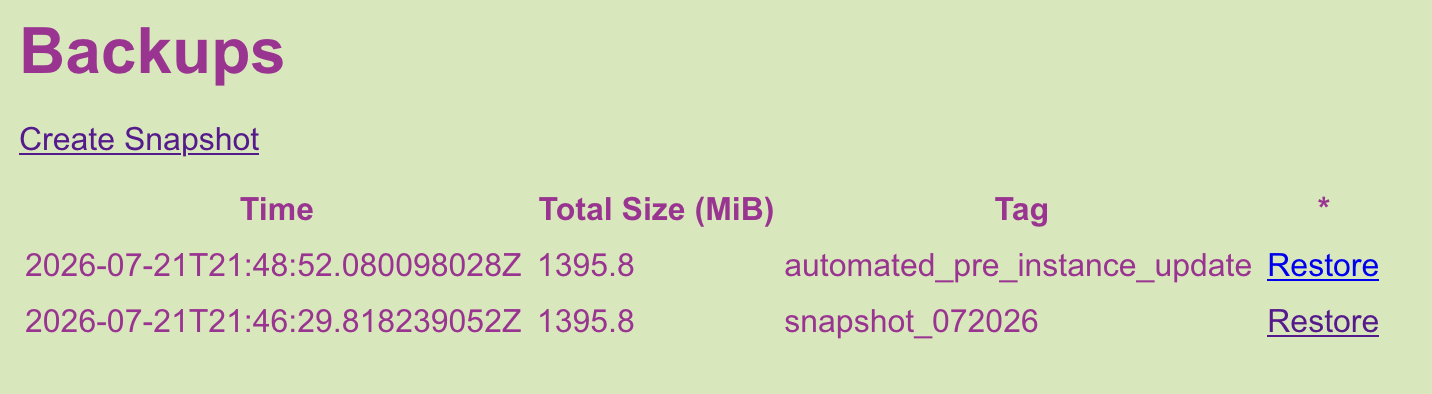 A web page with a button to "Create Snapshot" along with a table of links with meta data of existing snapshots and a link on each row to "Restore".